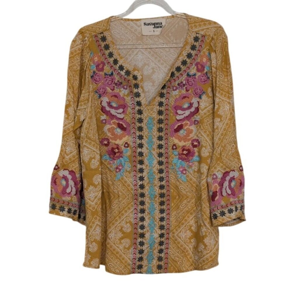 Savanna Jane Embroidered Shirt Womens Size Small Mustard Yellow Bell Sleeve Boho